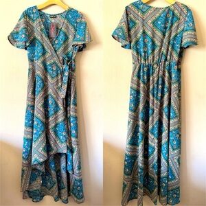 NWT Reborn True Wrap Blue Floral Maxi Dress Size 1X